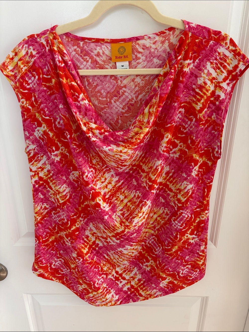 Ruby Rd. Multicolor Cowl Neck Cap Sleeve Blouse in Pink & Red